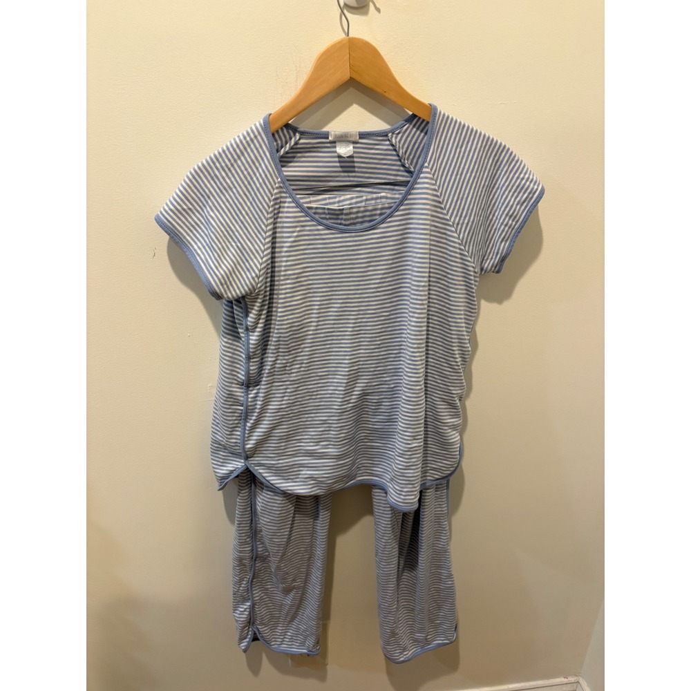 Lake Pajamas Womens XS Blue White Striped Pima Cotton Short Sleeve Crop Pant Set